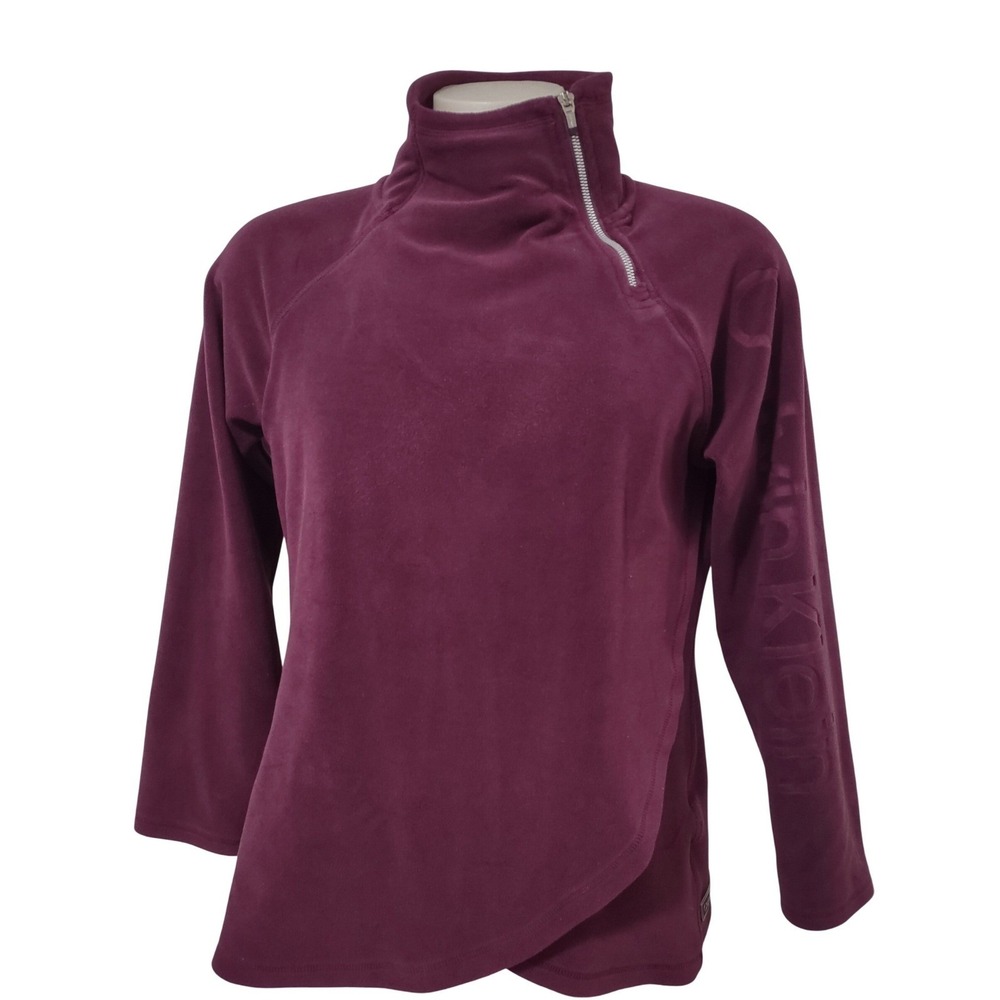 Calvin Klein Fleece Pullover Large Womens Athleisure Purple Asymmetric Zip Logo